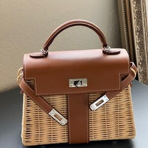 mini kelly picnic Brown Leather and Wicker Handbag